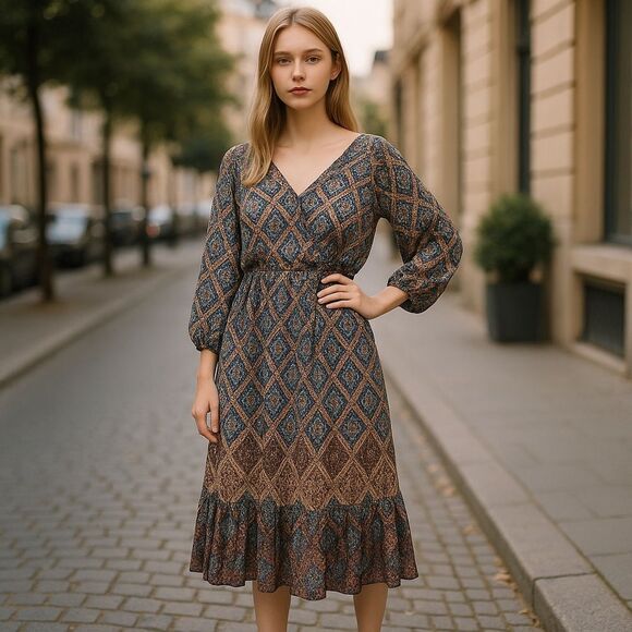 Stetson long dress M blue Tan beige pattern V neck lightweight summer spring - Picture 1 of 8